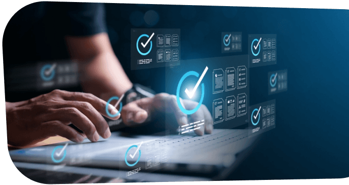 Digital solutions - person working with technology and checkmarks