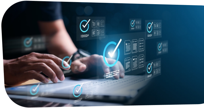 Digital solutions - person working with technology and checkmarks