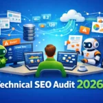 Technical SEO audit 2026 by Optima powered by 2tentech: AI robots analyzing website crawlability, indexing coverage, and site architecture with Search Console