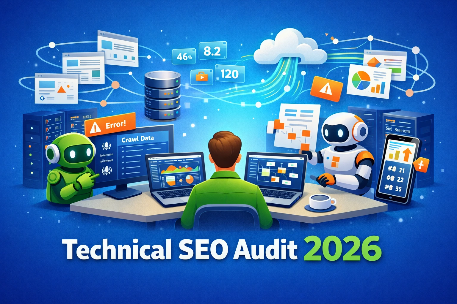 Technical SEO audit 2026 by Optima powered by 2tentech: AI robots analyzing website crawlability, indexing coverage, and site architecture with Search Console